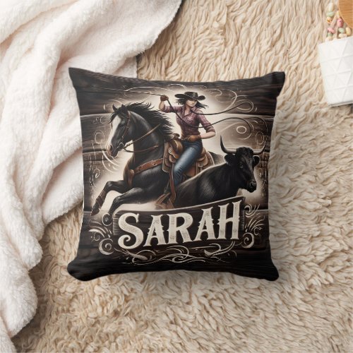 Cowgirl Roping a Bull at a Rodeo Event Throw Pillow