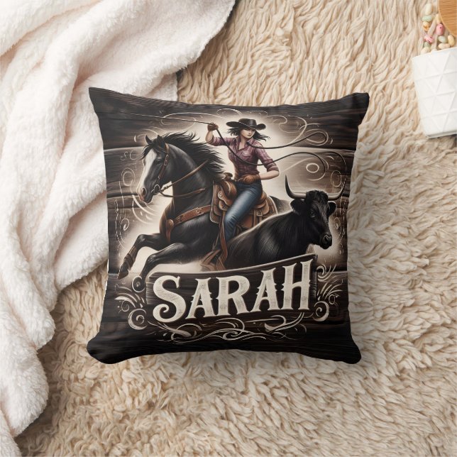 Cowgirl Roping a Bull at a Rodeo Event Throw Pillow (Blanket)