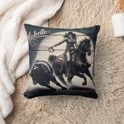 Cowgirl Roping a Bull at Sunset Rodeo Event Throw Pillow