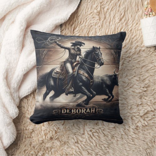 Cowgirl Roping a Bull During Rodeo Event Throw Pillow