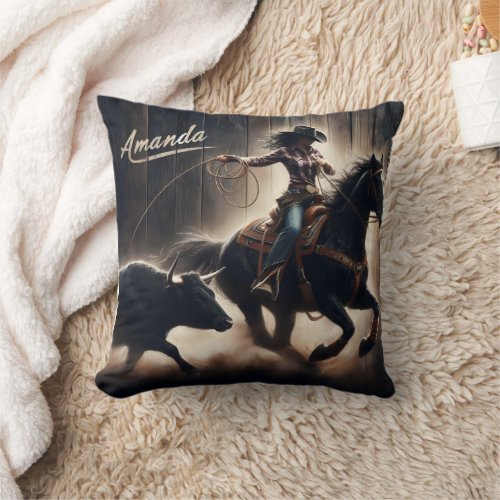 Cowgirl Roping a Steer at a Rodeo Event Throw Pillow