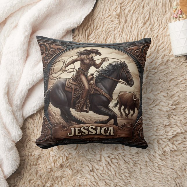 Cowgirl Roping a Steer at a Rodeo Event Throw Pillow (Blanket)
