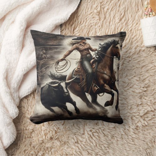 Cowgirl Roping a Steer at a Rodeo Event Throw Pillow