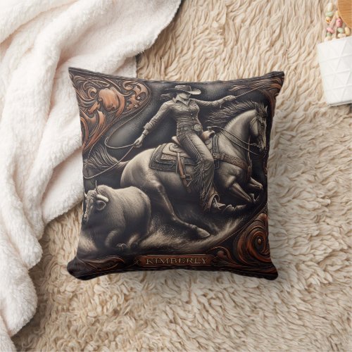 Cowgirl Roping a Steer in Vintage Rodeo Artwork Throw Pillow