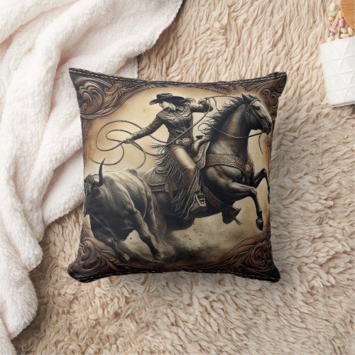 Cowgirl Roping Bull at Rodeo Event in Arena Throw Pillow