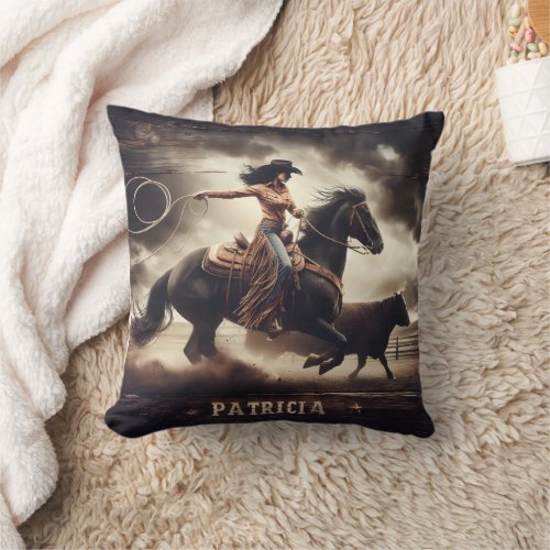 Cowgirl Roping Bull at Rodeo Event Throw Pillow