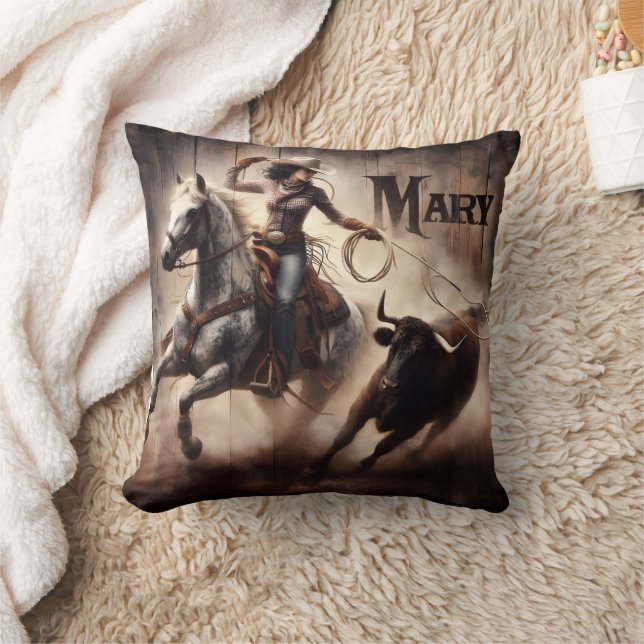 Cowgirl Roping Bull at Rodeo Event Throw Pillow (Blanket)