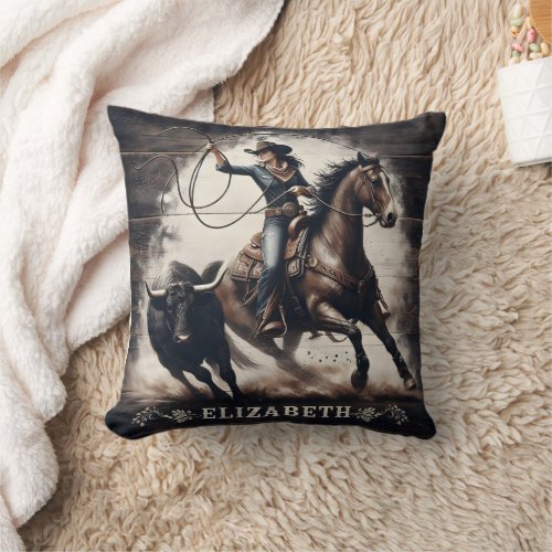 Cowgirl Roping Bull During Rodeo Competition Throw Pillow