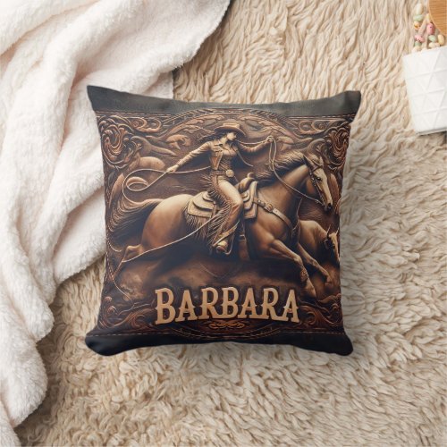 Cowgirl Roping Cattle at a Rodeo Event Throw Pillow