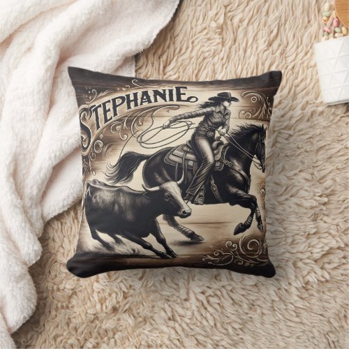 Cowgirl Roping Cattle at a Rodeo Event Throw Pillow