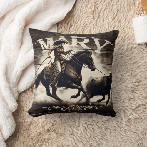 Cowgirl Roping Cattle at a Rodeo Event Throw Pillow