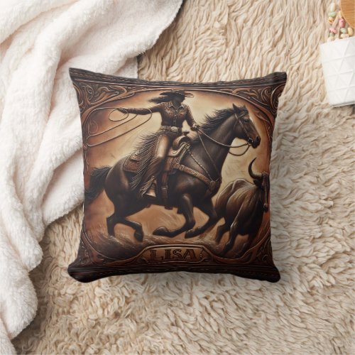 Cowgirl Roping Cattle at a Rodeo Event Throw Pillow