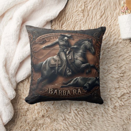 Cowgirl Roping Cattle at a Rodeo Event Throw Pillow