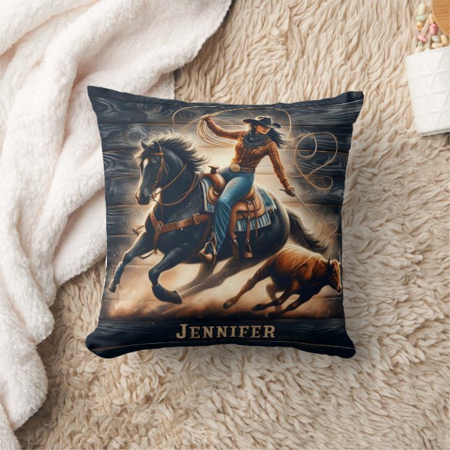 Cowgirl Roping Cattle at a Western Rodeo Event Throw Pillow (Blanket)