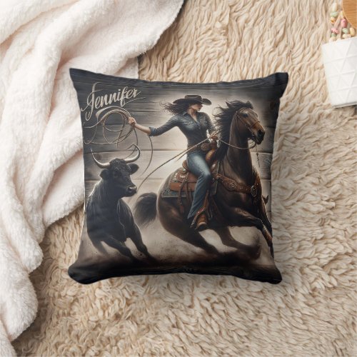 Cowgirl Roping Cattle at Afternoon Rodeo Throw Pillow