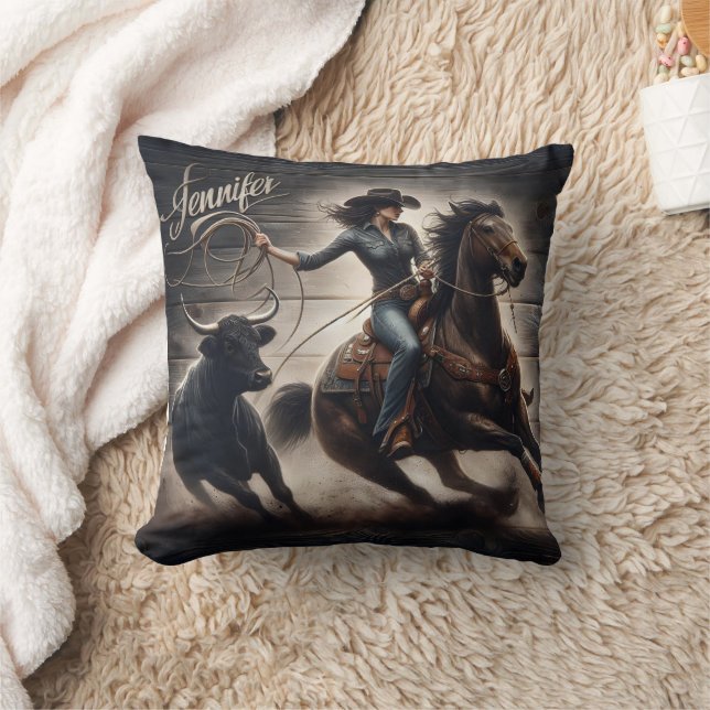 Cowgirl Roping Cattle at Afternoon Rodeo Throw Pillow (Blanket)