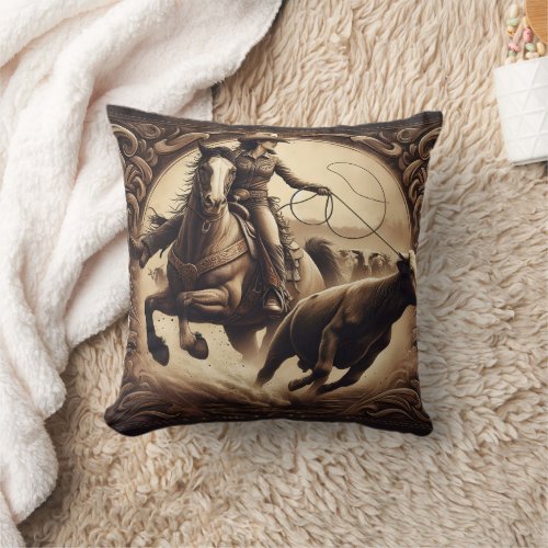 Cowgirl Roping Cattle at Afternoon Rodeo Throw Pillow