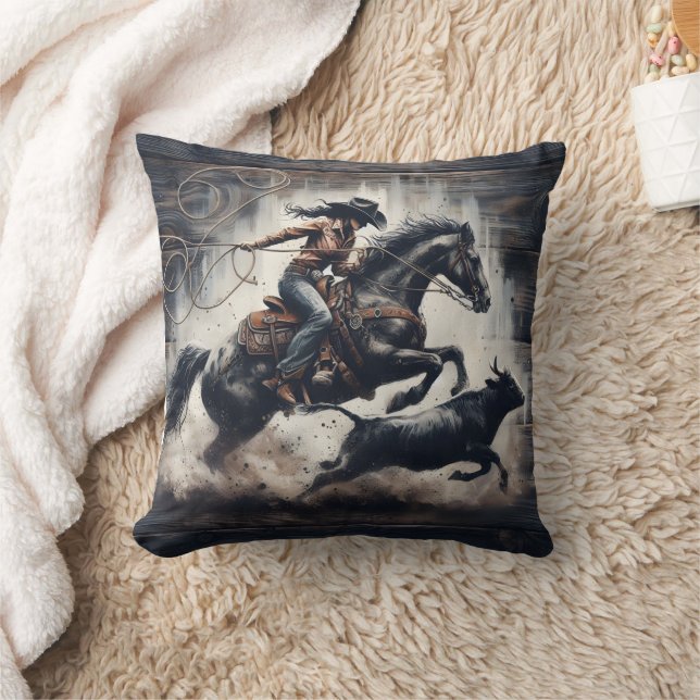 Cowgirl Roping Cattle at an Exciting Rodeo Throw Pillow (Blanket)