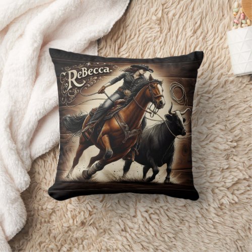 Cowgirl Roping Cattle at Local Rodeo Event Throw Pillow