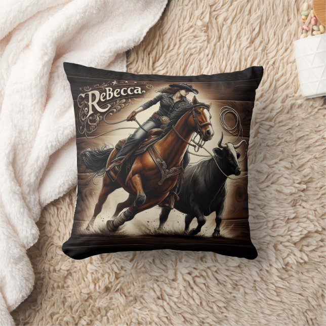 Cowgirl Roping Cattle at Local Rodeo Event Throw Pillow (Blanket)