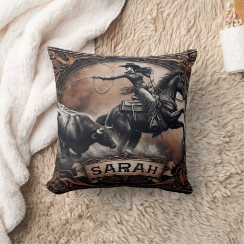 Cowgirl Roping Cattle at Rodeo Event Throw Pillow