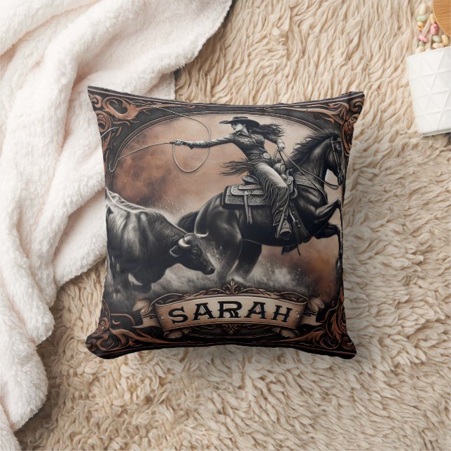 Cowgirl Roping Cattle at Rodeo Event Throw Pillow (Blanket)