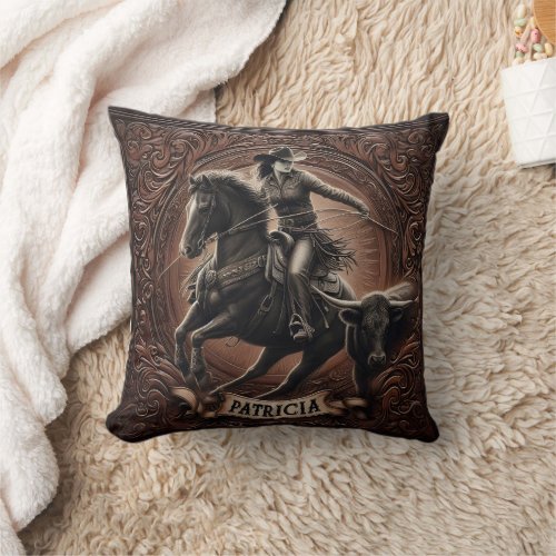 Cowgirl Roping Cattle at Rodeo Event Throw Pillow