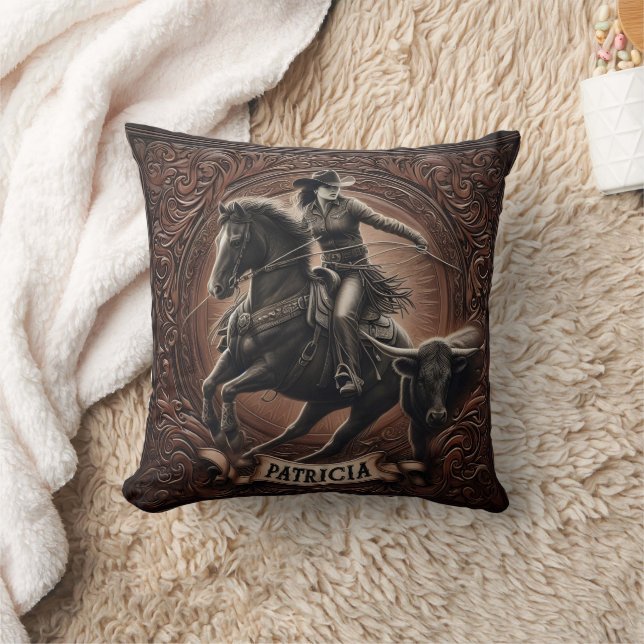 Cowgirl Roping Cattle at Rodeo Event Throw Pillow (Blanket)