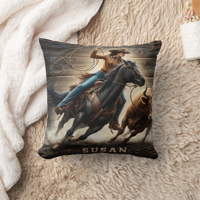Cowgirl Roping Cattle at Rodeo Event Throw Pillow (Blanket)