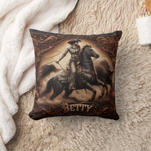 Cowgirl Roping Cattle at the Rodeo Event Throw Pillow