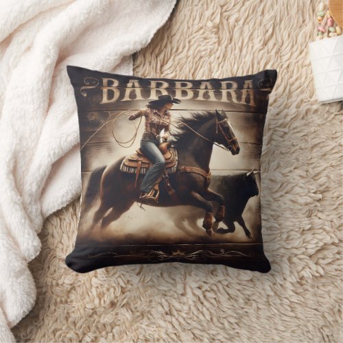 Cowgirl Roping Cattle at the Rodeo Event Throw Pillow