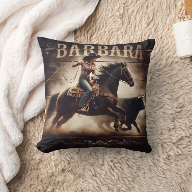 Cowgirl Roping Cattle at the Rodeo Event Throw Pillow (Blanket)