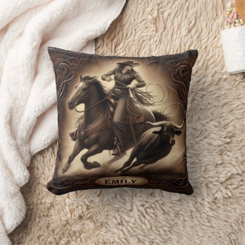 Cowgirl Roping Cattle at the Rodeo Throw Pillow