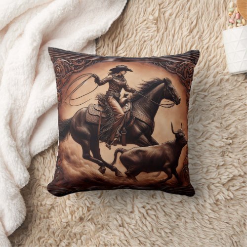 Cowgirl Roping Cattle at Western Rodeo Event Throw Pillow