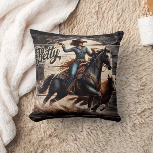 Cowgirl Roping Cattle Under Full Moon Throw Pillow