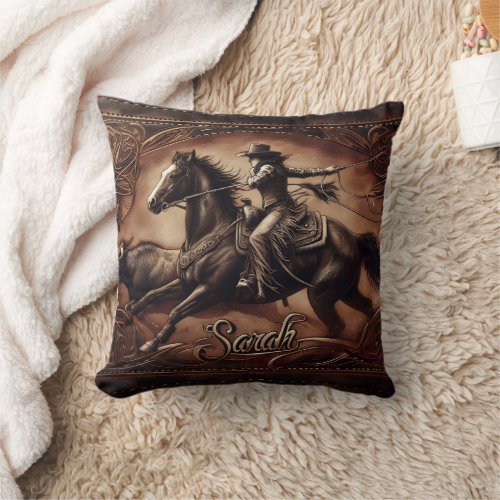 Cowgirl Roping Contest at Local Rodeo Event Throw Pillow