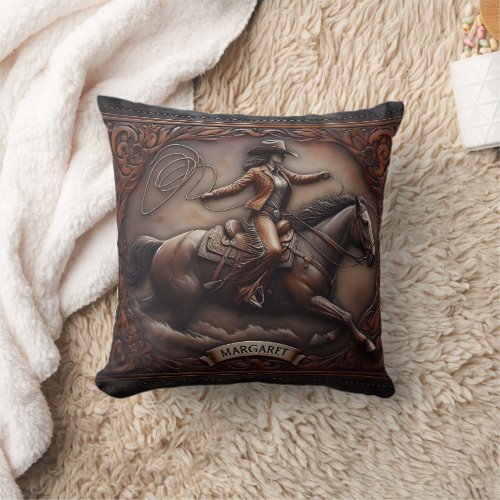 Cowgirl Roping on Horse at Rodeo Event Throw Pillow