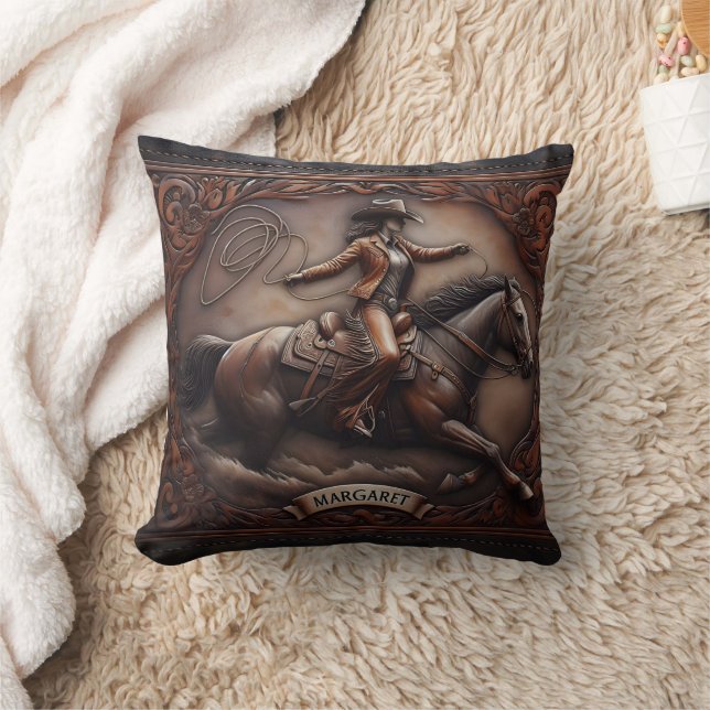 Cowgirl Roping on Horse at Rodeo Event Throw Pillow (Blanket)
