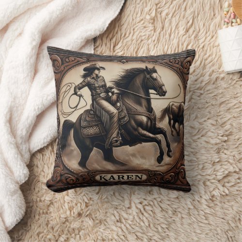 Cowgirl Roping Steer at Local Rodeo Event Throw Pillow