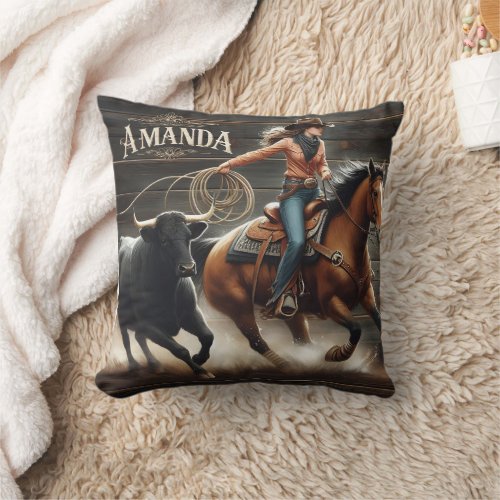 Cowgirl Roping Steer During Rodeo Event Throw Pillow