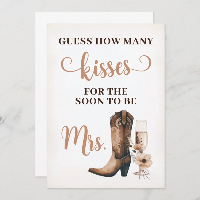 Cowgirl Rustic Bridal Shower Kisses Sign Game Card (Front/Back)