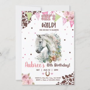 Cowgirl, saddle up, wild, white horse girl invite. invitation