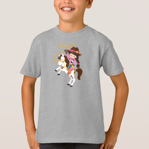 Cowgirl Sheriff Horse Lasso Brown Hair T_Shirt