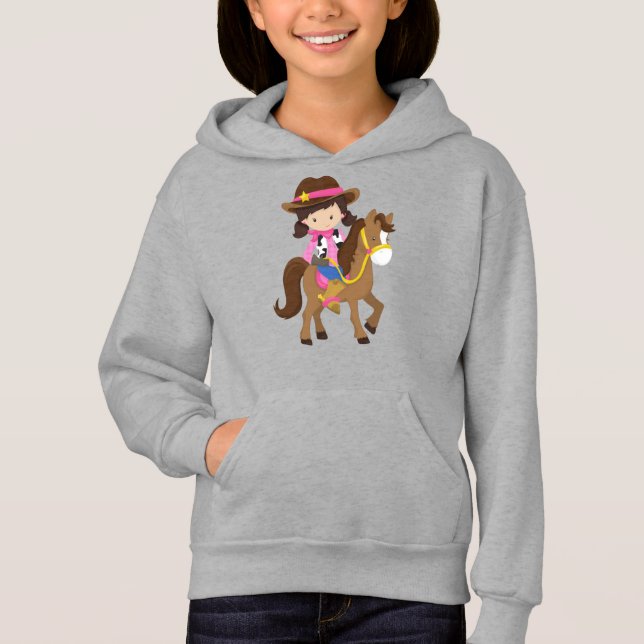 Cowgirl, Sheriff, Horse, Western, Brown Hair Hoodie (Front)