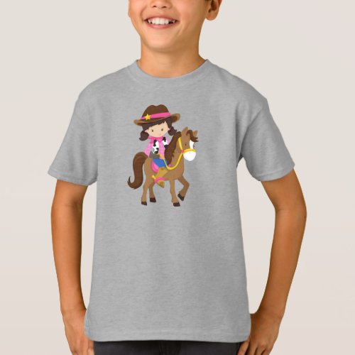 Cowgirl Sheriff Horse Western Brown Hair T_Shirt