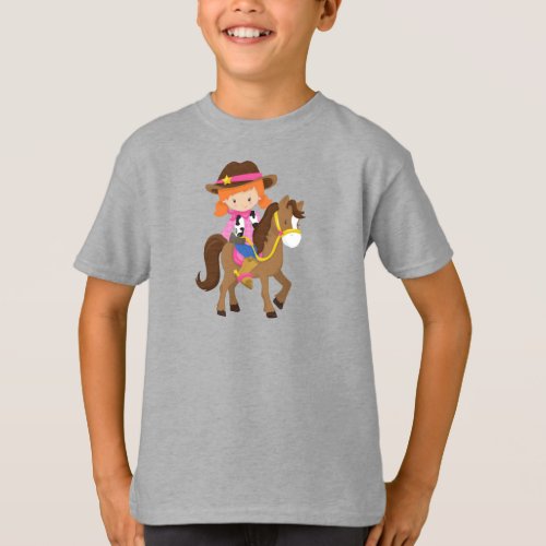 Cowgirl Sheriff Horse Western Orange Hair T_Shirt