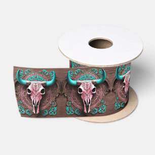 Cowgirl Southwestern Turquoise Pink Bull Skull  Satin Ribbon