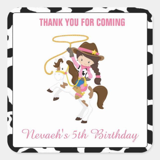 Cowgirl Square Stickers Labels Birthday Favor (Front)