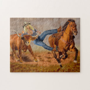 Cowgirl Steer Wrestling Jigsaw Puzzle