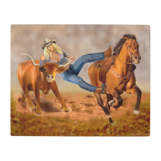 Cowgirl Steer Wrestling Rodeo Metal Print